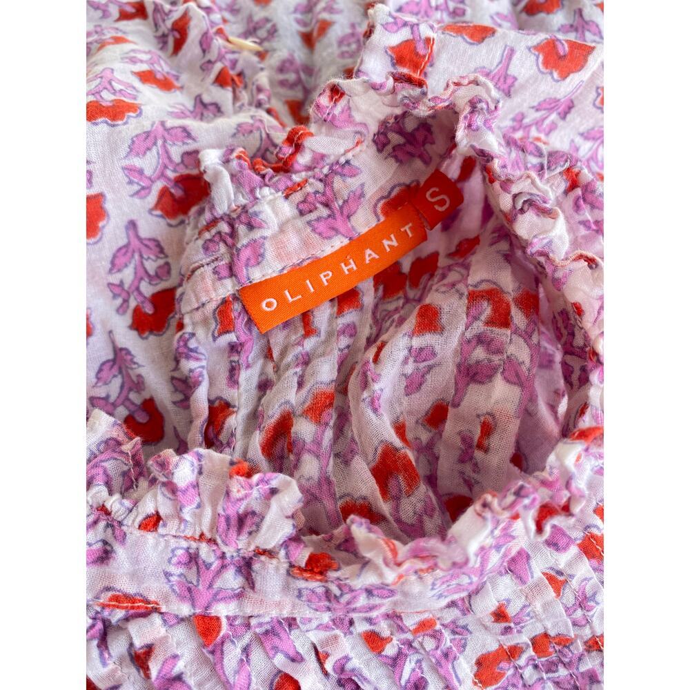 Oliphant Pintuck Ruffle Blouse Top Cotton Floral Pink Block Print Tuckernuck - Picture 7 of 7